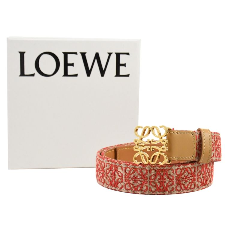 LOEWE 羅威  Anagram 金屬LOGO緹花帆布穿扣式皮帶.紅/淺褐