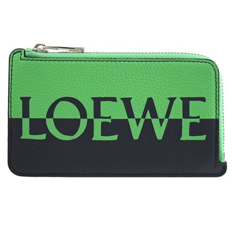 LOEWE 撞色LOGO印花牛皮卡片零錢包.深藍/綠