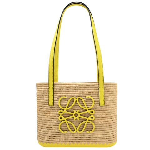 LOEWE BASKET 經典皮飾花紋LOGO草編手提肩背包.黃邊