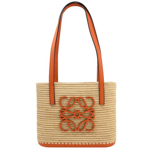 LOEWE BASKET 經典皮飾花紋LOGO草編手提肩背包.橘邊