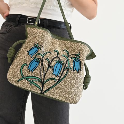 LOEWE Herbarium Flamenco 緹花帆布束口斜背包.酪梨綠