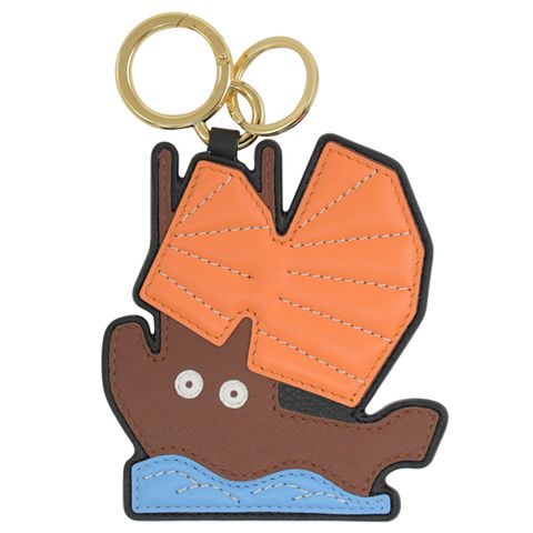 LOEWE 壓印LOGO香港意象船隻牛皮鑰匙圈吊飾.橘/棕