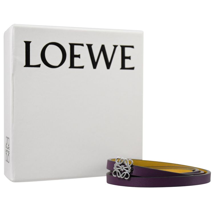 LOEWE 羅威  ANAGRAM 雙面撞色小牛皮穿扣式窄版皮帶.紫/黃