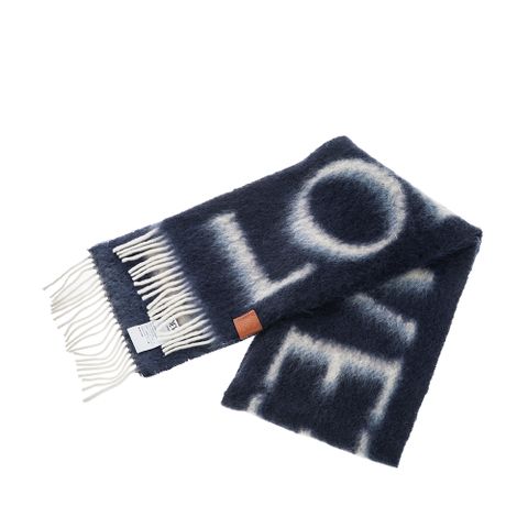LOEWE 新款雙色LOEWE羊毛與馬海毛混紡流蘇圍巾 (灰色/藍色)