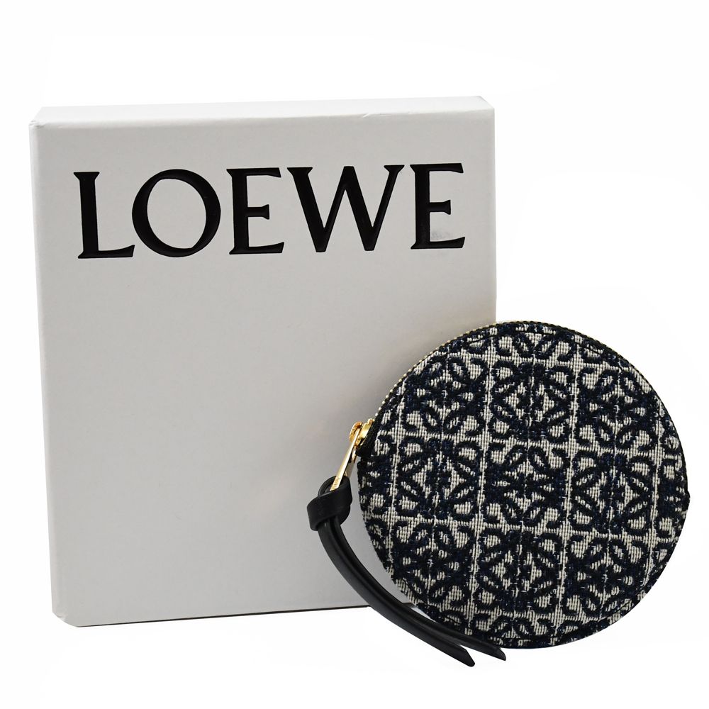 LOEWE 羅威  ANAGRAM 經典緹花圓餅造型鑰匙扣零錢包.深藍