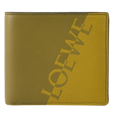 LOEWE 羅威 撞色LOGO小牛皮8卡對開短夾.橄欖綠