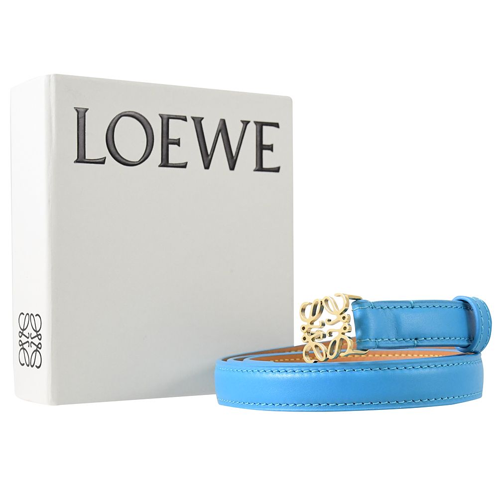 LOEWE 羅威  ANAGRAM 經典款小牛皮穿扣式窄版皮帶.天藍