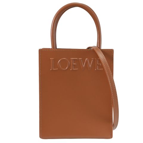 LOEWE 羅威 Standard A5 浮雕LOGO小牛皮手提兩用包.棕