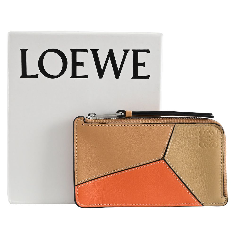 LOEWE 羅威  PUZZLE 幾何拼接小牛皮鑰匙圈卡片零錢包.橘棕