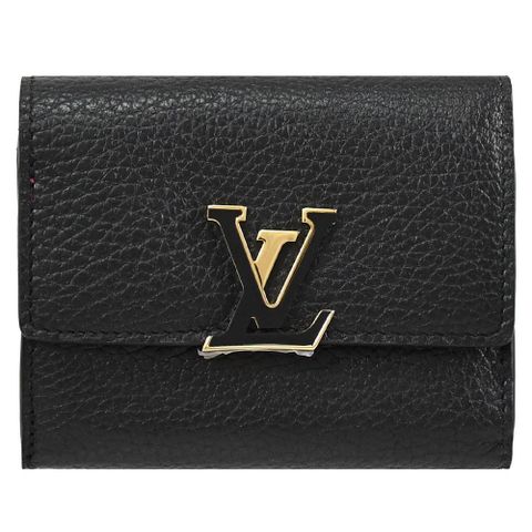Louis Vuitton LV M68587 Capucines XS 金屬LOGO牛皮三折零錢小短夾.黑/桃