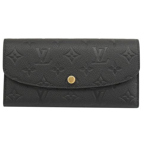 Louis Vuitton LV EMILIE 經典花紋全皮革壓紋扣式長夾.黑