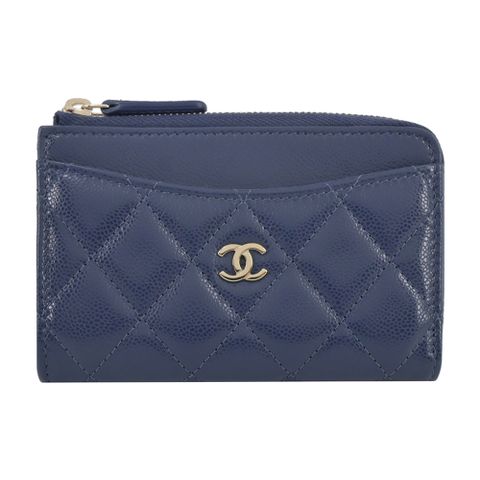 CHANEL 經典雙C LOGO小牛皮卡片/零錢夾(深藍)