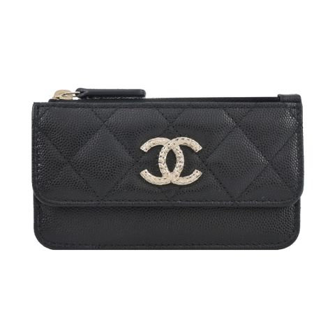 CHANEL經典螺紋雙C  LOGO菱格紋小牛皮卡片夾(黑色)