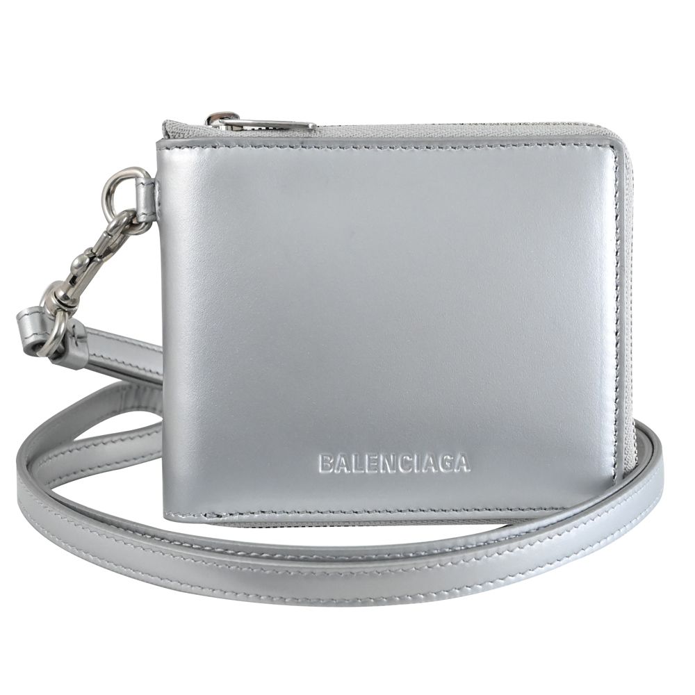 BALENCIAGA 巴黎世家 664043 質感小牛皮頸掛/斜背拉鍊零錢短夾.銀