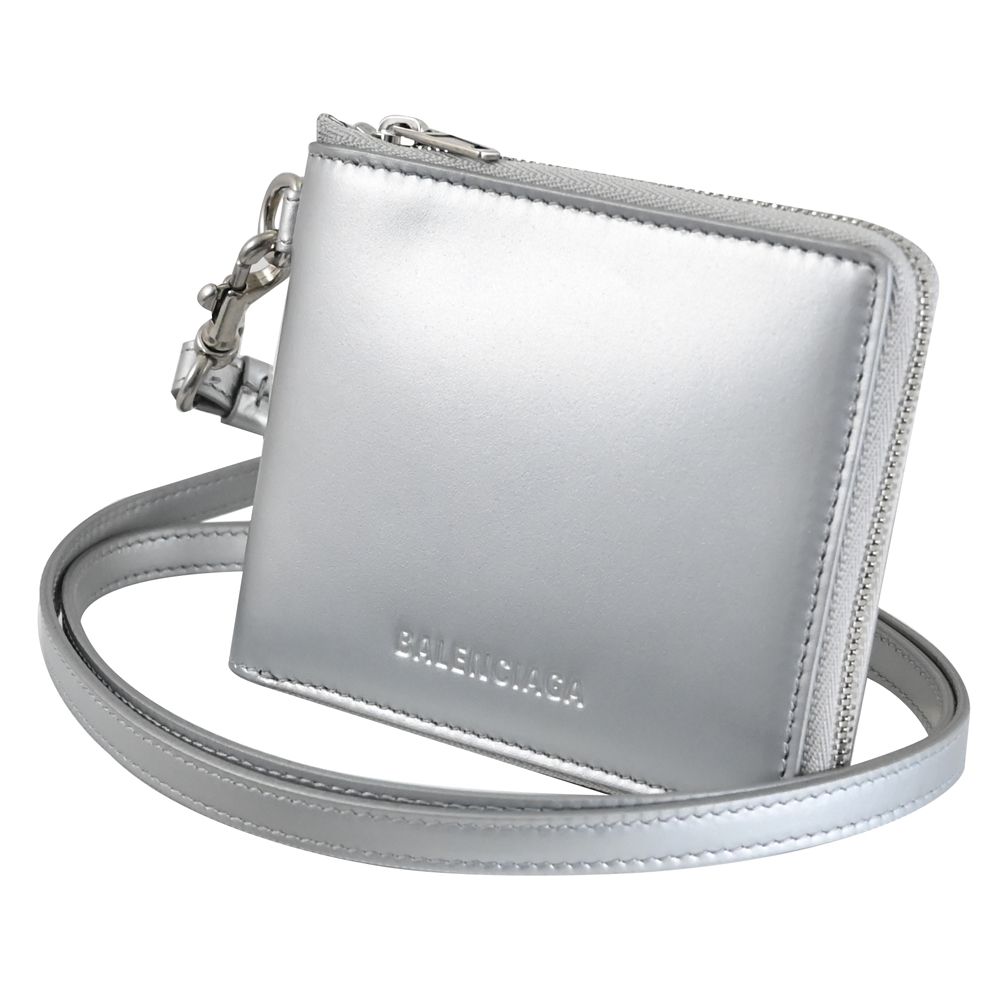 BALENCIAGA 巴黎世家 664043 質感小牛皮頸掛/斜背拉鍊零錢短夾.銀
