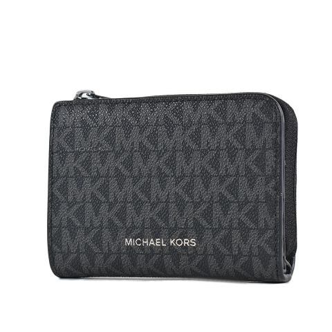 MICHAEL KORS 男款 緹花LOGO防刮零錢袋對開釦式短夾-黑色