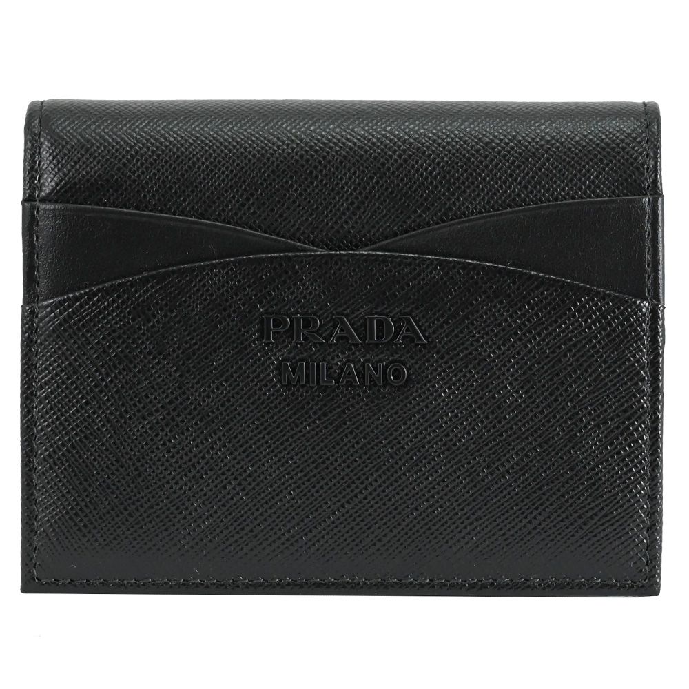 PRADA 普拉達 金屬LOGO防刮對開零錢短夾.黑