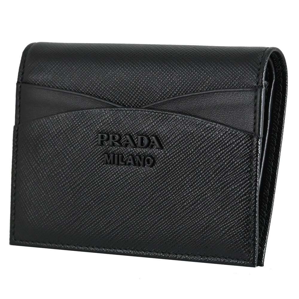 PRADA 普拉達 金屬LOGO防刮對開零錢短夾.黑