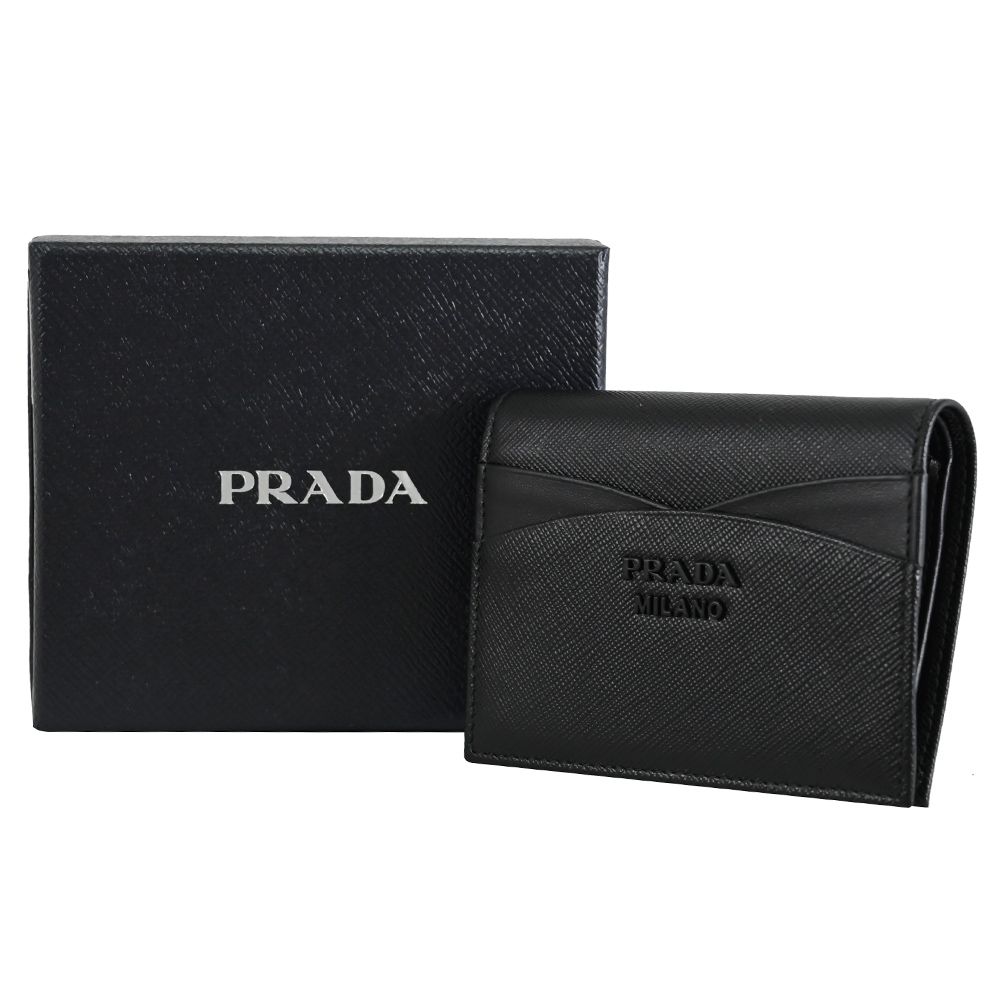 PRADA 普拉達 金屬LOGO防刮對開零錢短夾.黑