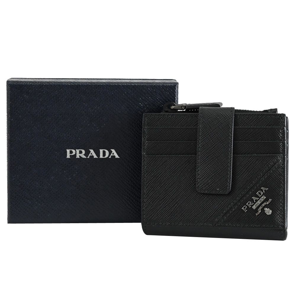 PRADA 普拉達 質感金屬LOGO防刮扣式多卡零錢短夾.黑