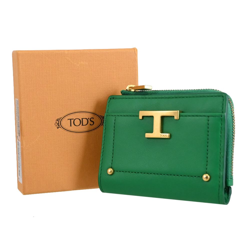 TOD'S T Timeless 金屬LOGO小牛皮釦式零錢短夾.綠