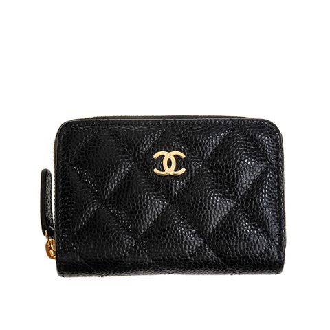 CHANEL 香奈兒 經典金釦雙C LOGO 魚子醬牛皮拉鍊零錢包 (黑色)