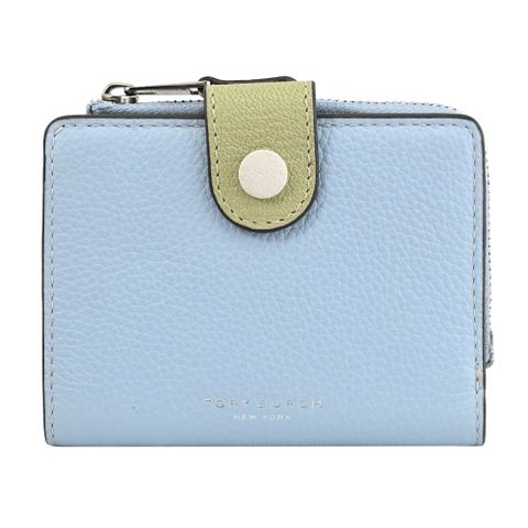 TORY BURCH 152910 燙銀LOGO扣式零錢短夾.淡藍