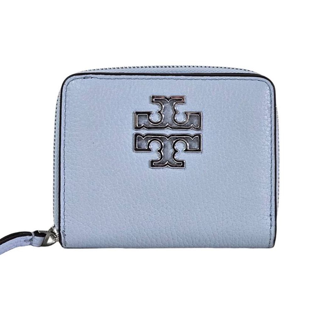 TORY BURCH TB Britten 簍空雙T LOGO荔枝紋拉鍊短夾(天空藍/贈原廠紙袋/雙11)