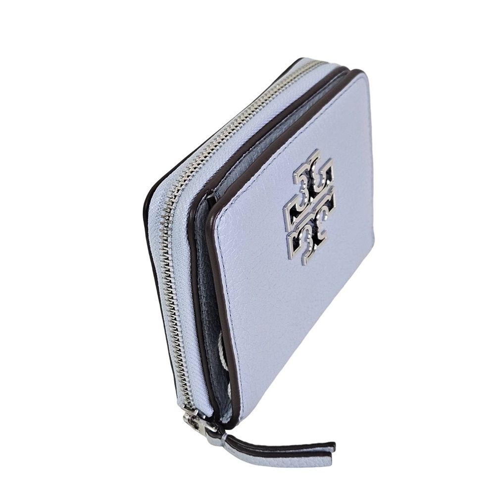 TORY BURCH TB Britten 簍空雙T LOGO荔枝紋拉鍊短夾(天空藍/贈原廠紙袋/雙11)