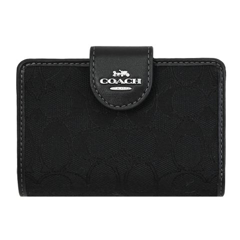 COACH CU402 馬車LOGO緹花布皮飾扣式零錢中夾.黑