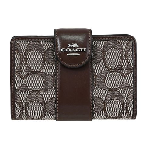 COACH CU987 馬車LOGO緹花布皮飾扣式零錢中夾.深咖邊