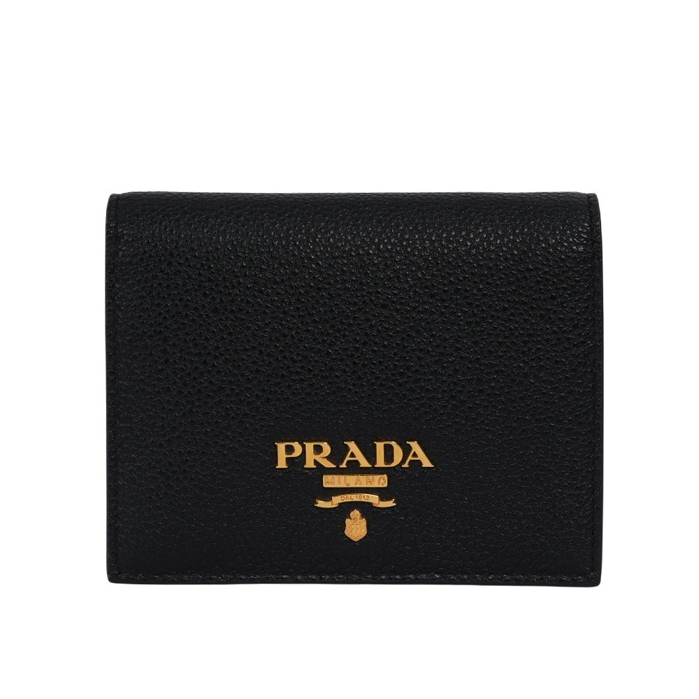 PRADA 普拉達 浮雕Logo 荔枝皮革內拼色二折零錢袋短夾(黑色/藕粉色)