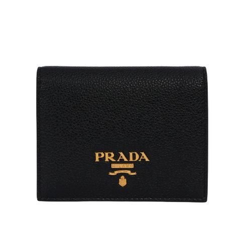 PRADA 浮雕Logo 荔枝皮革內拼色二折零錢袋短夾(黑色/藕粉色) 1MV204 2BG5 F0WCL