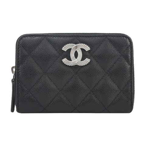 CHANEL 經典浮雕雙CLOGO菱格紋小牛皮零錢夾(黑色)