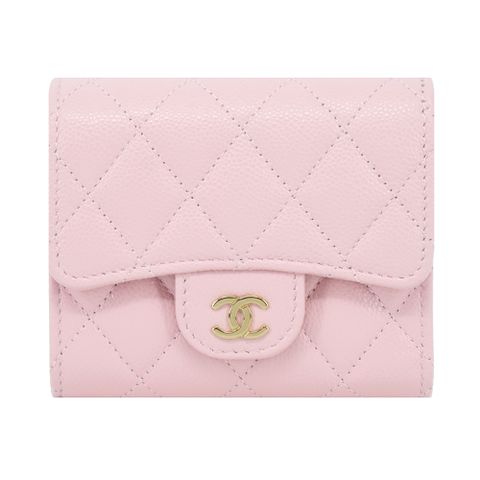 CHANEL 香奈兒 經典雙C LOGO菱格紋小牛皮迷你短夾(粉色)