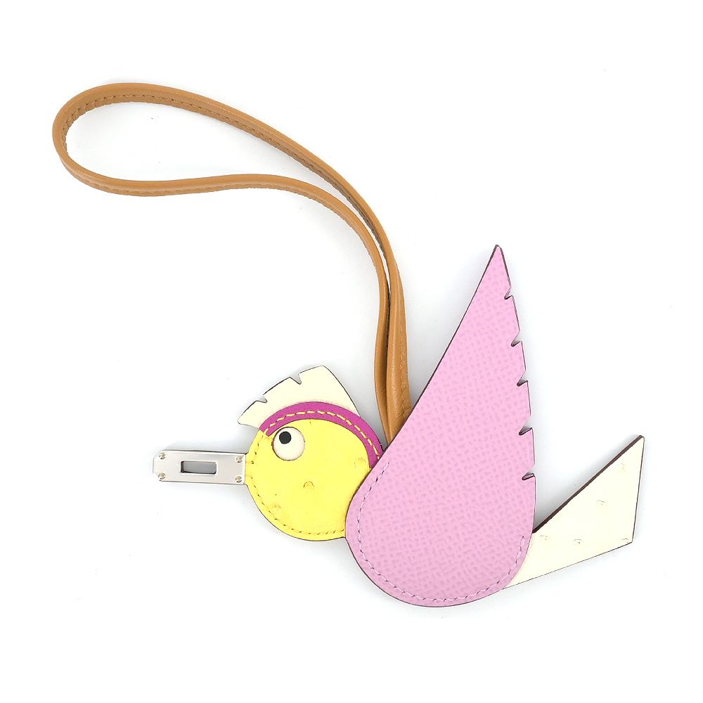 HERMES 愛馬仕Birdy charm 牛皮鴕鳥皮羊皮拼接飛鳥吊飾(淡紫/黃