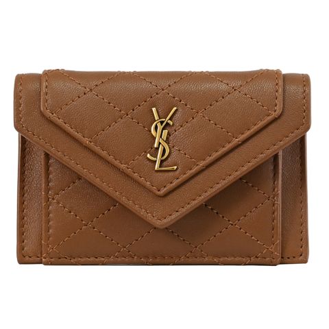YSL 734921 經典LOGO小牛皮扣式卡片零錢包.咖