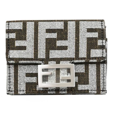 FENDI 8M0395 金屬LOGO銀蔥緹花款三折小短夾.咖/銀