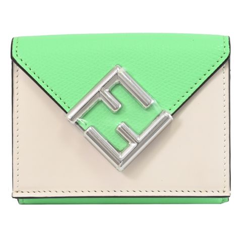 FENDI 8M0395 金屬LOGO撞色款三折小短夾.綠/白