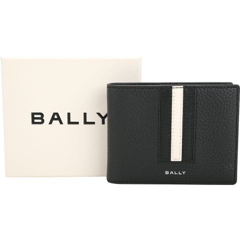 BALLY Ribbon 條紋拼接粒面牛皮6卡對折短夾(黑色)