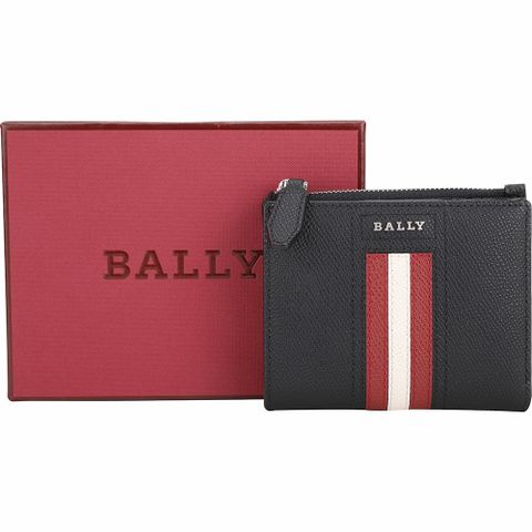 BALLY TUNNER 紅白條紋防刮牛皮對折短夾(黑色)