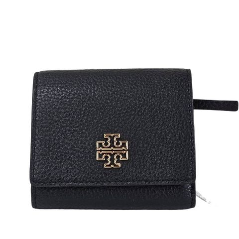 TORY BURCH TB Britten 金框簍空LOGO荔枝紋三折短夾(黑色