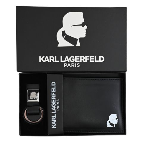 KARL LAGERFELD 卡爾 燙印圖樣短夾/鑰匙圈禮盒組.黑