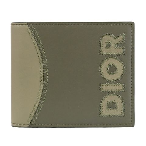 Christian Dior 個性撞色拼接小牛皮對開8卡短夾.灰綠