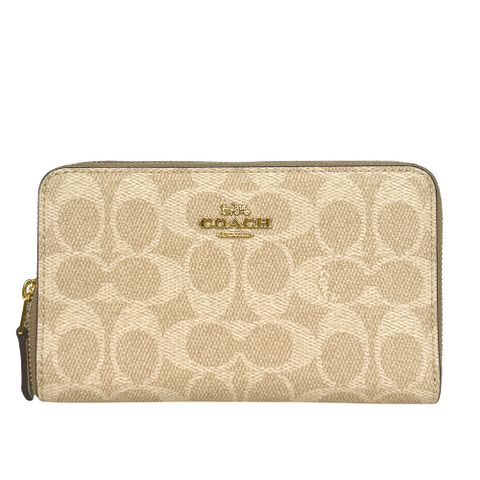 COACH 金字Logo 塗層帆布ㄇ形拉鍊中夾(沙色/白色) CW781 IMXDM