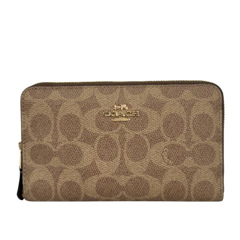 COACH 金字Logo 塗層帆布ㄇ形拉鍊中夾(棕褐色/棕色) CW781 IMXHE