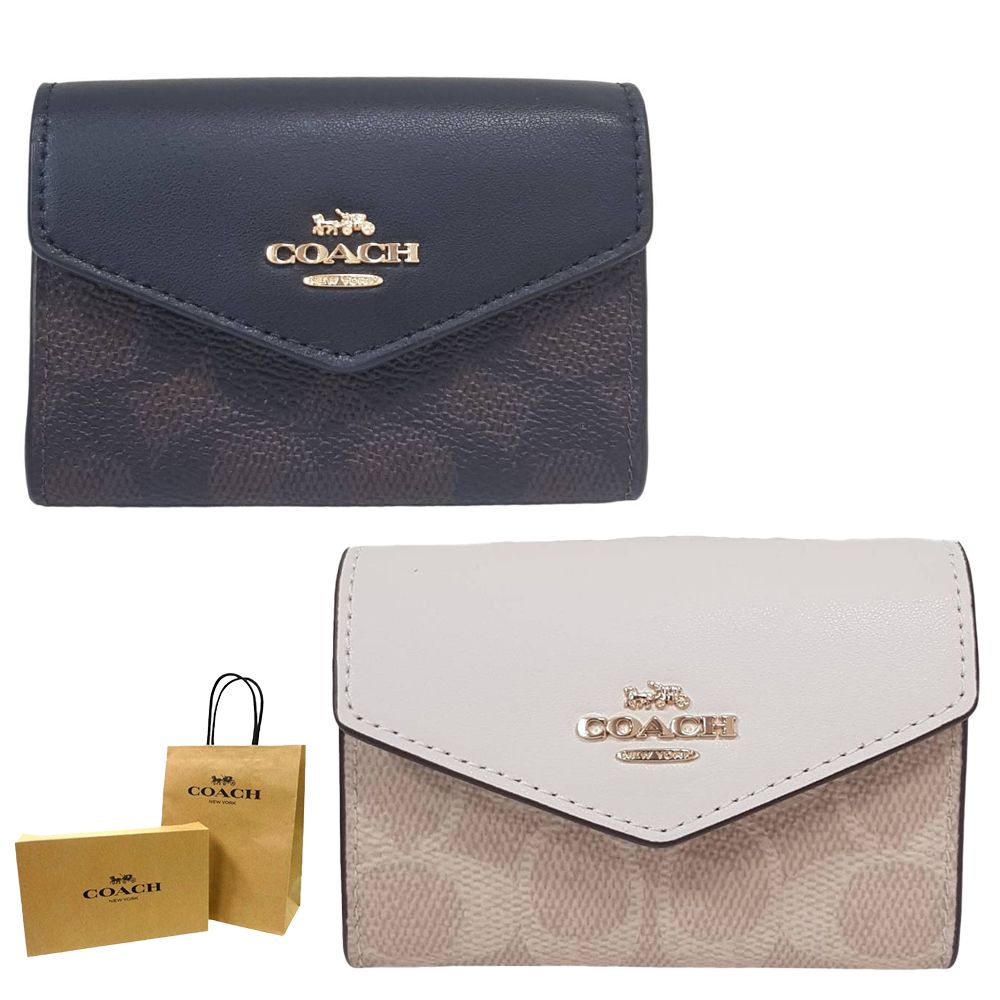 COACH 蔻馳 新款金屬LOGO皮革信封式卡夾 零錢鑰匙包 黑色拚深咖啡/米白拚奶茶