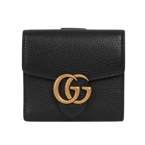 GUCCI Marmont 金色標誌粒紋皮革釦式二折短夾(黑色) 782749 A7M0T 1000
