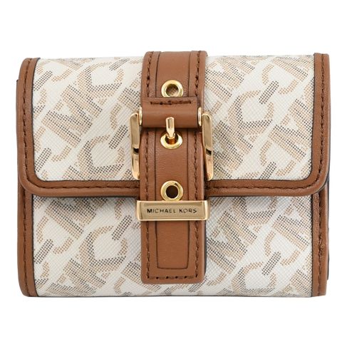 MICHAEL KORS COLBY 金屬穿扣印花三折零錢短夾.白/咖