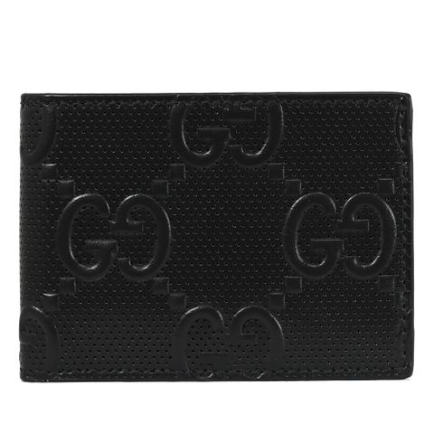 GUCCI 625559 浮雕GG LOGO設計四卡窄版短夾.黑